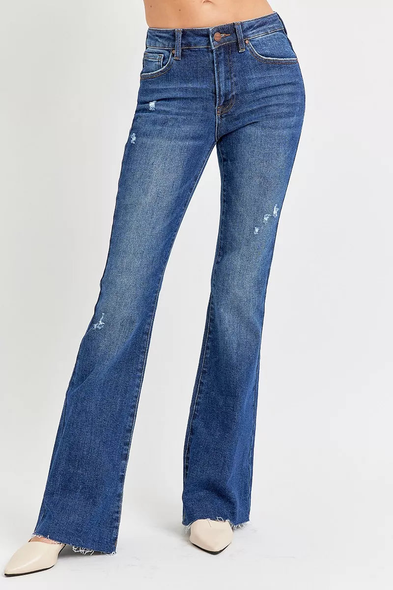 Hazel Blues® | RISEN Distressed Mid Rise Flare Jeans