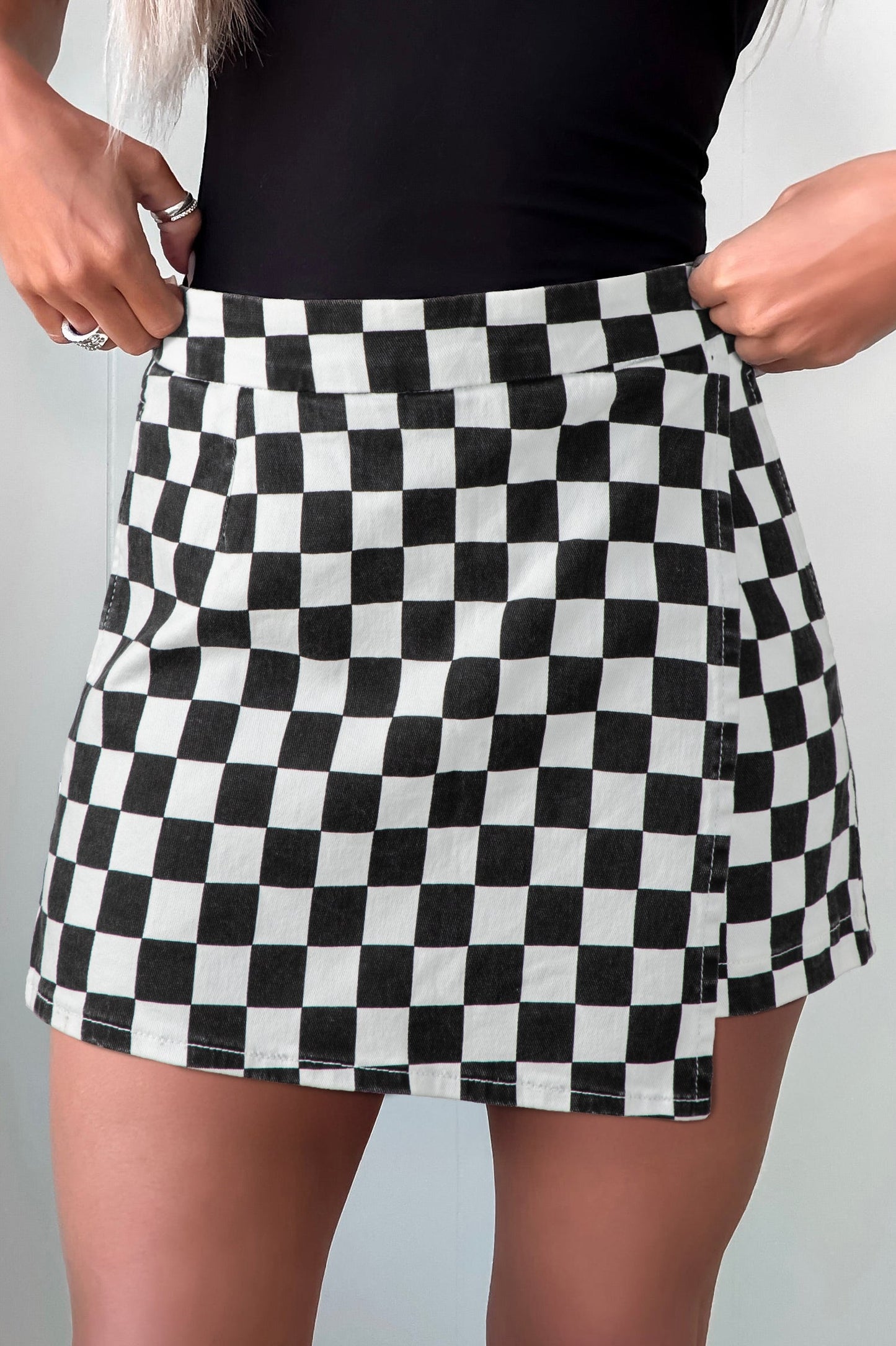 Hazel Blues® |  Black Checkered Print Overlap Denim Shorts