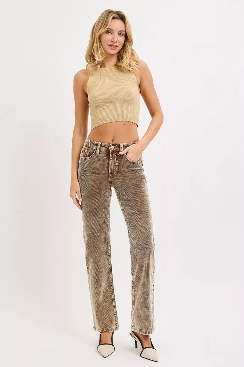 Hazel Blues® |  RISEN Tummy Control Mid Rise Straight Leg Corduroy Pants
