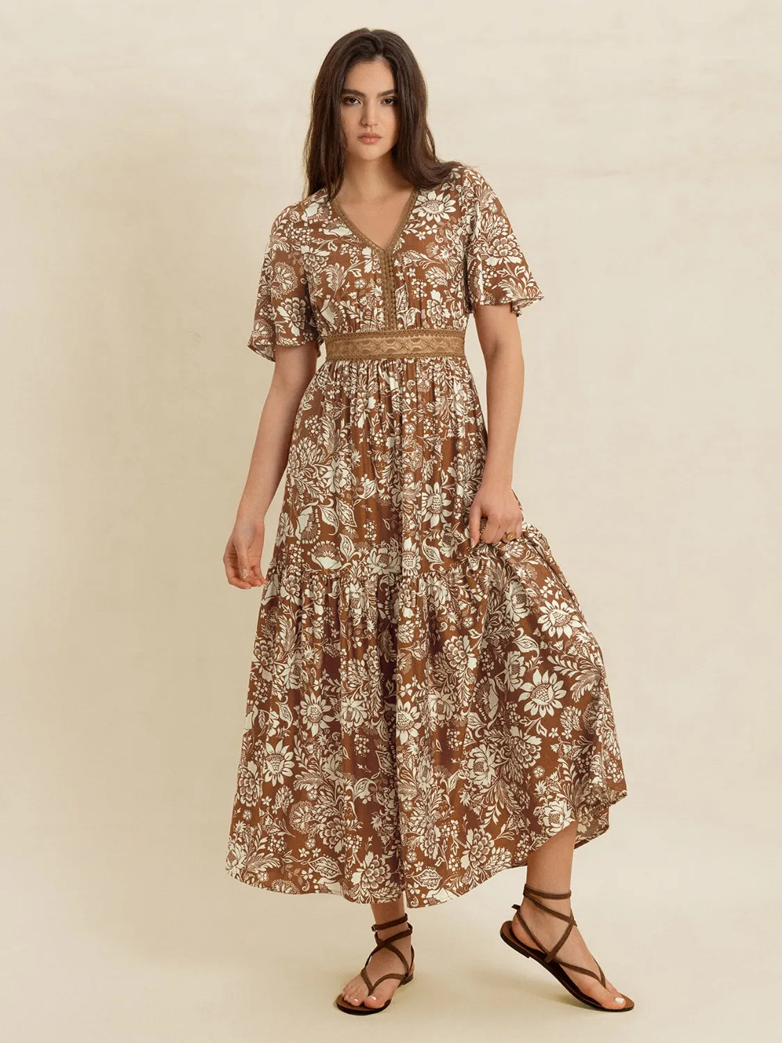 Hazel Blues® |  Lace Detail Printed Short Sleeve Midi Dress