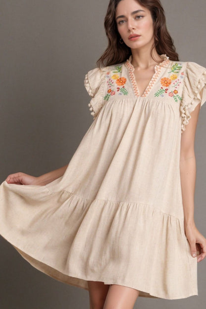Hazel Blues® |  Floral Embroidery Pom Pom Ruffle Sleeves Mini Dress