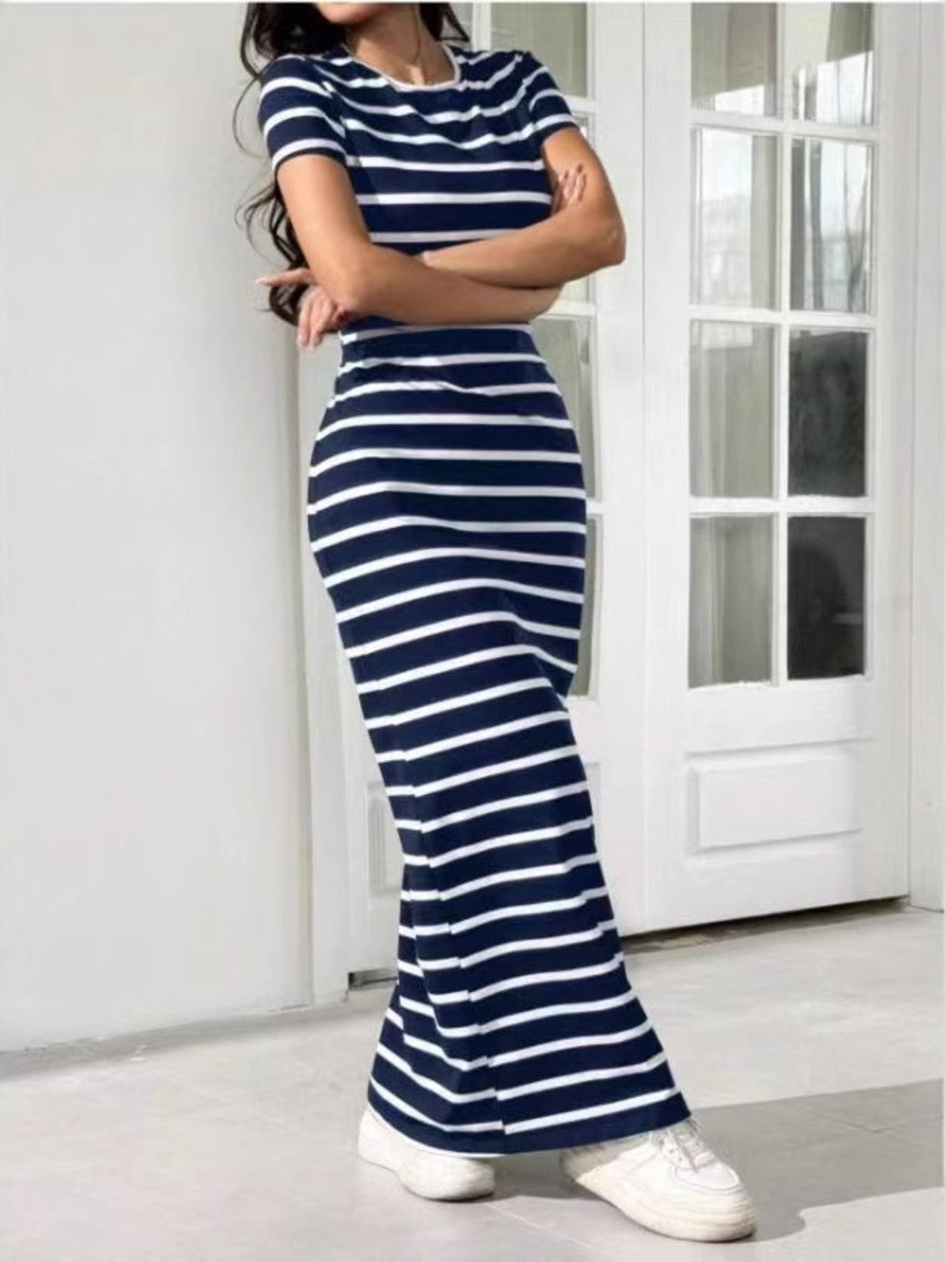 Hazel Blues® |  Striped Round Neck Bodycon Maxi Dress