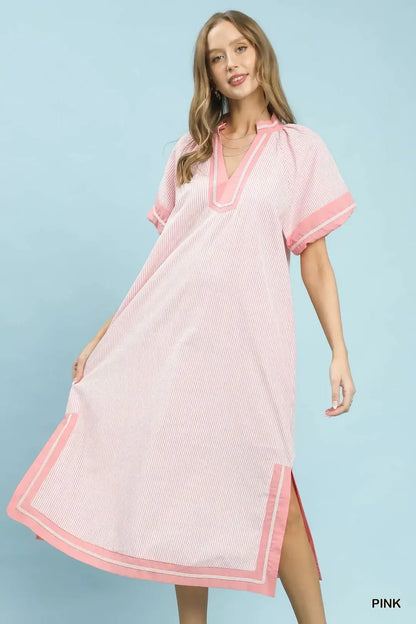 Hazel Blues® |  Umgee Pinstripe Contrast Trim Midi Dress