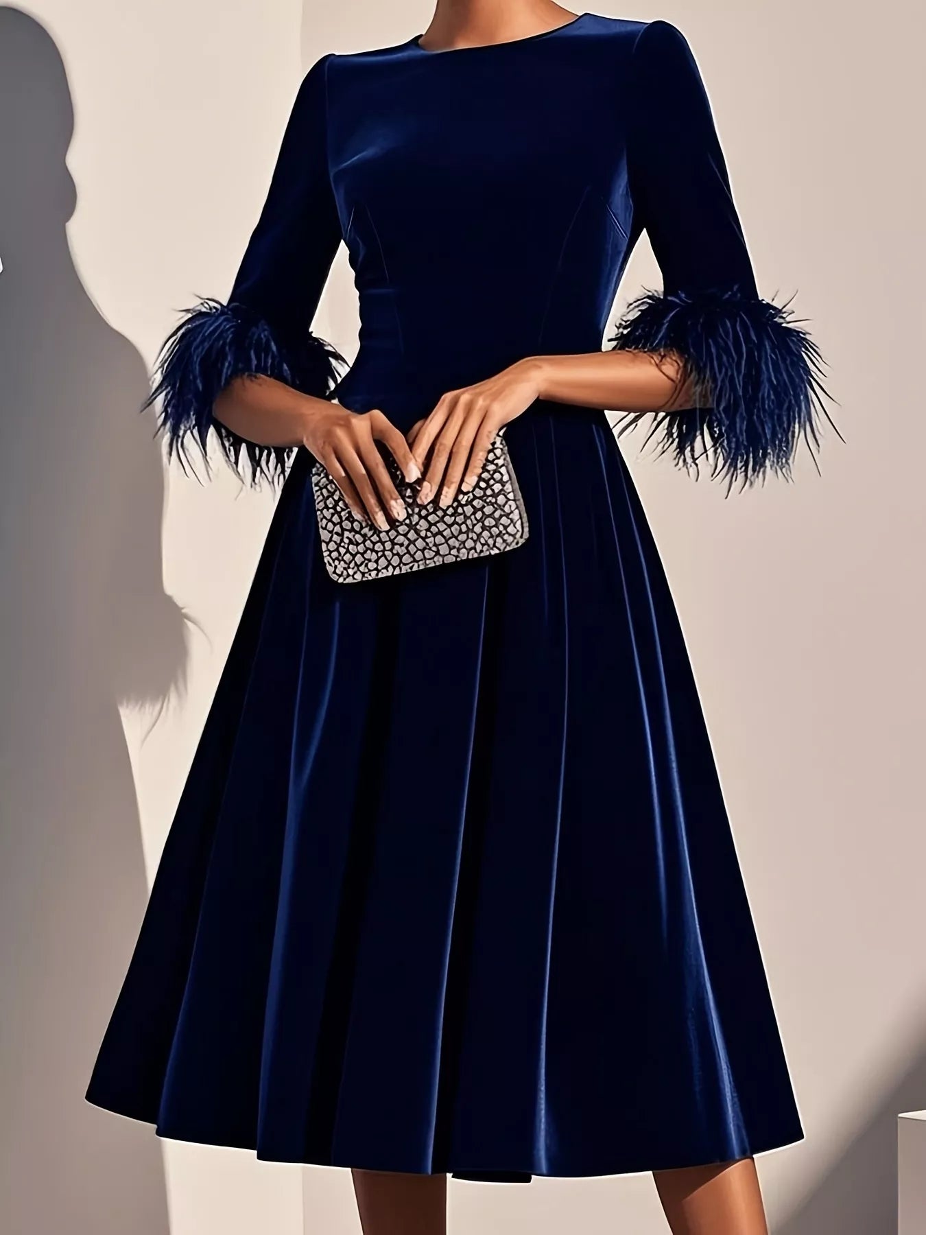 Hazel Blues® |  Velvet Midi Dress with Feather Cuffs