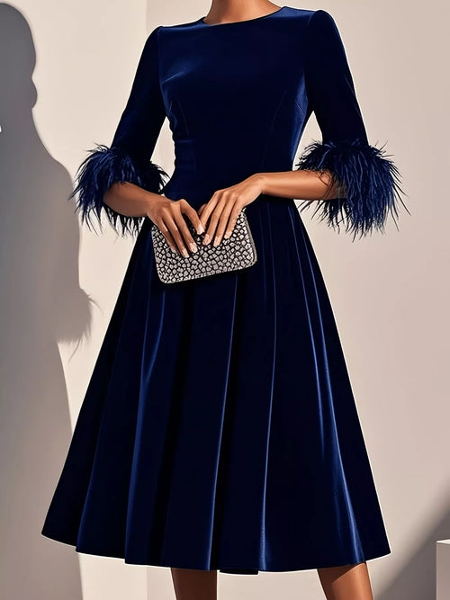 Hazel Blues® |  Velvet Midi Dress with Feather Cuffs