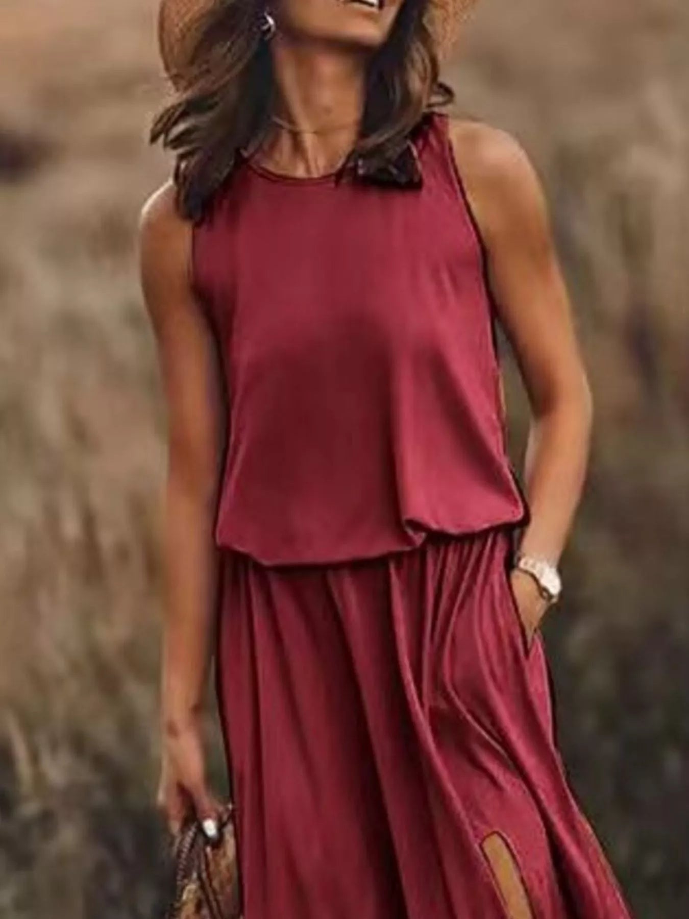 Hazel Blues® | Round Neck Sleeveless Slit Maxi Dress