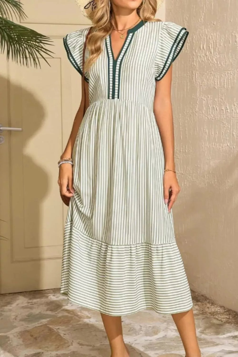 Hazel Blues® |  Striped Ruffle Sleeve Midi Dress