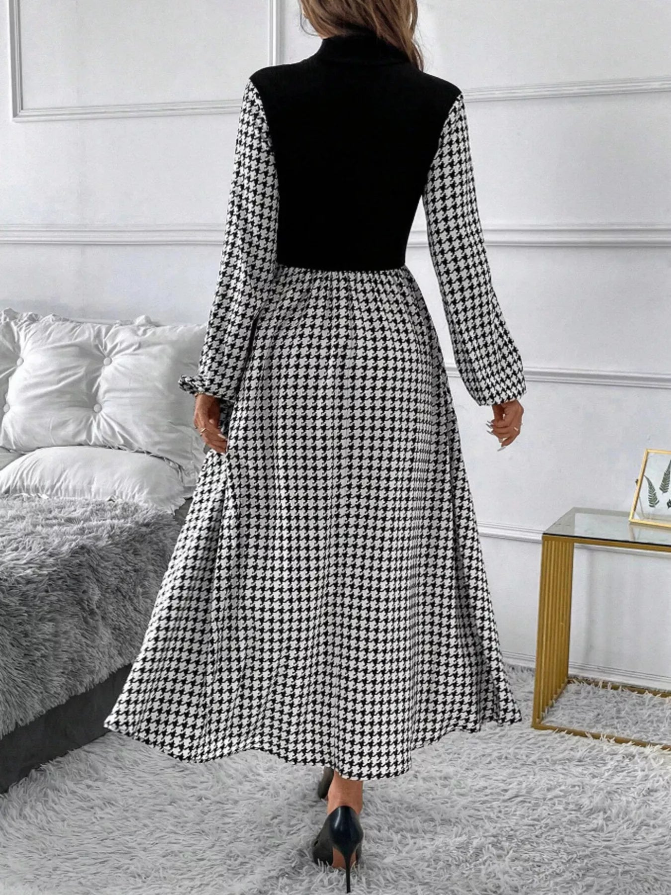 Hazel Blues® |  Houndstooth Mock Neck A-Line Dress