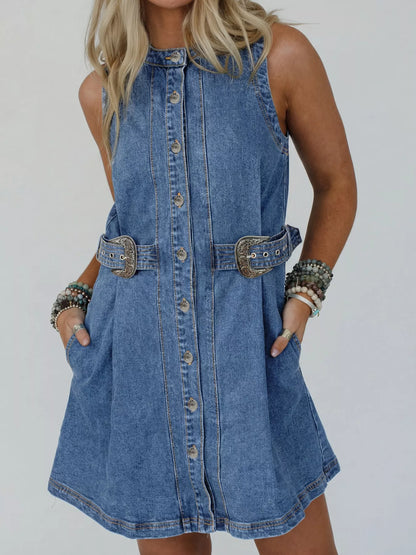 Hazel Blues® |  Western Belt Button Down Sleeveless Denim Short Dress