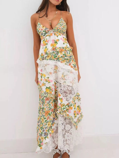 Hazel Blues® |  Lace Floral Print Ruffle Trim Maxi Dress