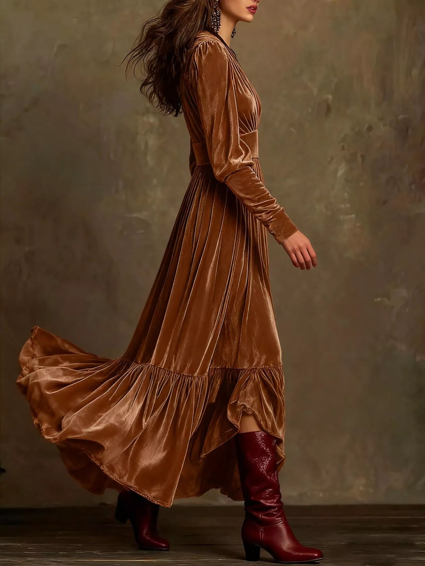 Hazel Blues® |  Elegant Velvet V-Neck Long Sleeve Maxi Dress