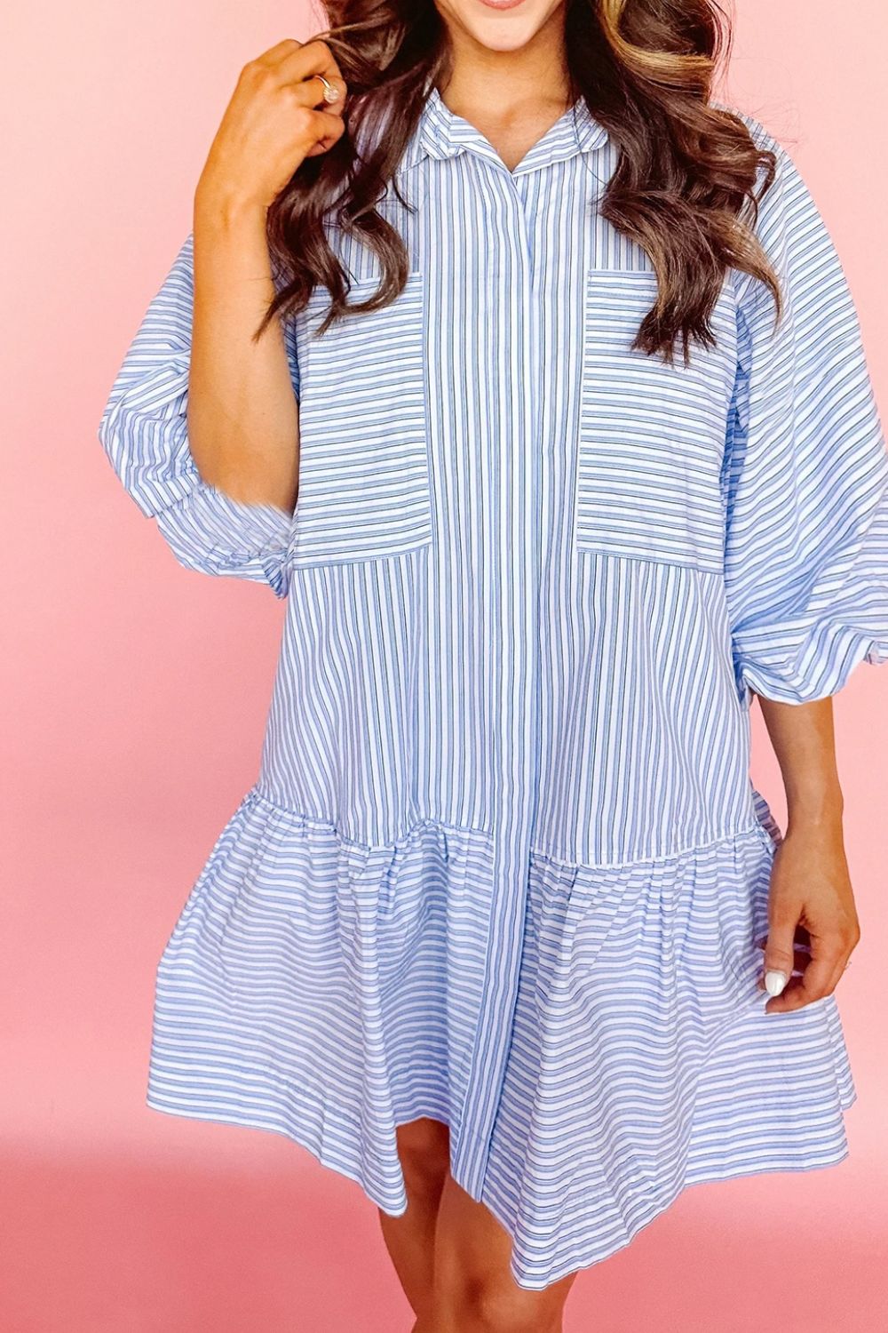 Hazel Blues® |  Stripe Bubble Sleeve Chest Pockets Shirt Dress