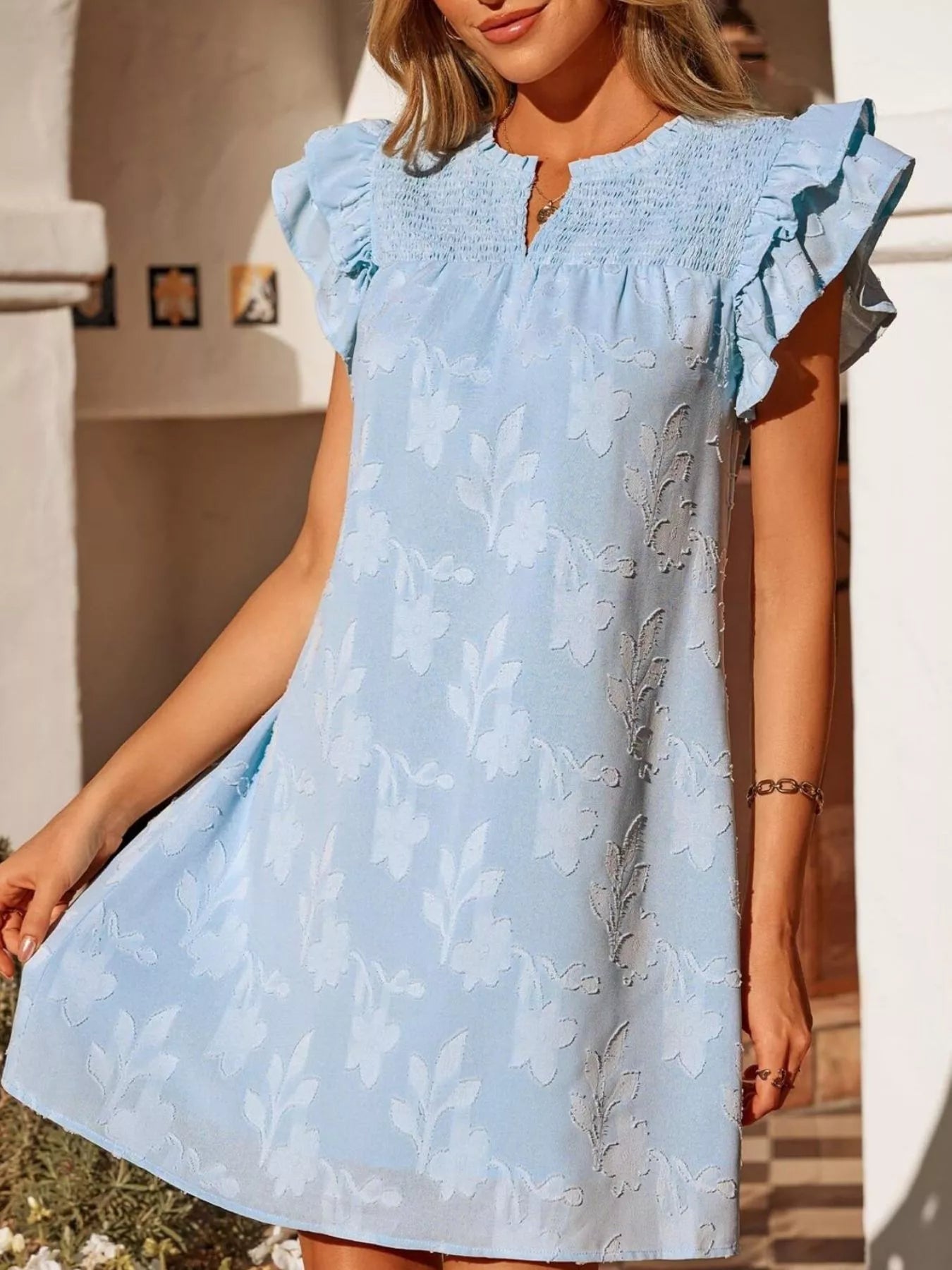 Hazel Blues® |  Floral Embossed Ruffle Sleeve Mini Dress