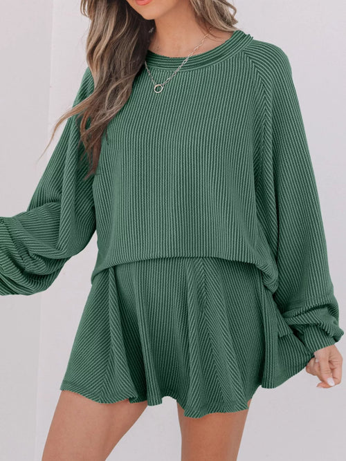 Hazel Blues® |  Corded Lantern Sleeve Top and High Waist Mini Skirt Set