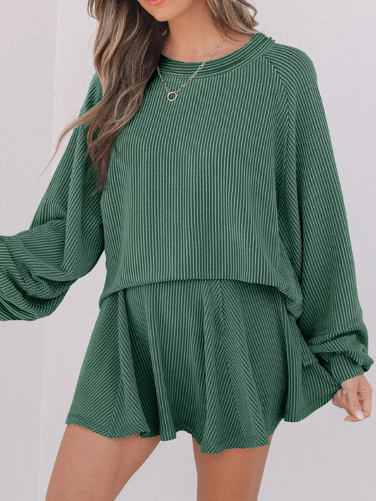 Hazel Blues® |  Corded Lantern Sleeve Top and High Waist Mini Skirt Set