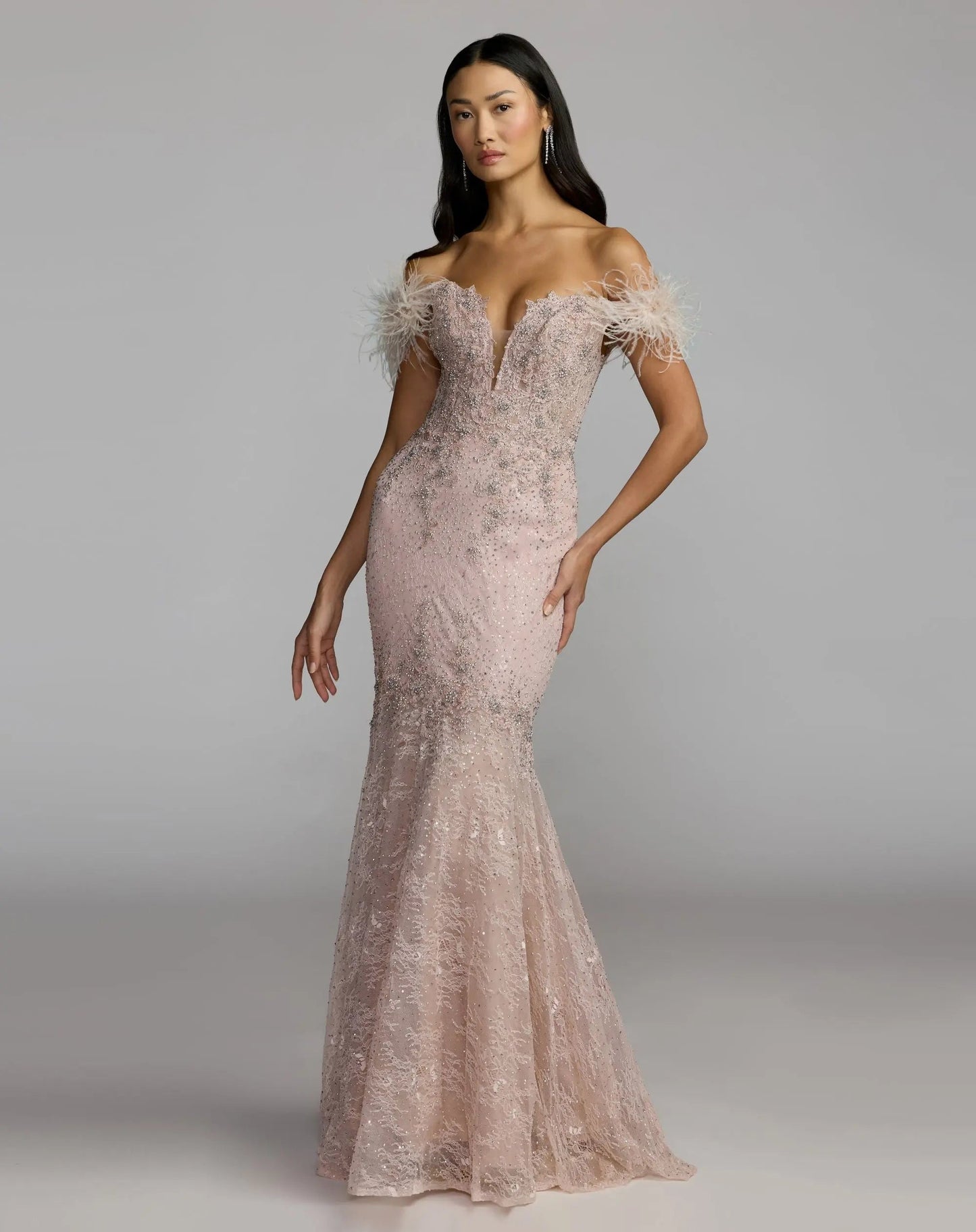 Pink Off The Shoulder Embellished Lace Feather Trim Gown
