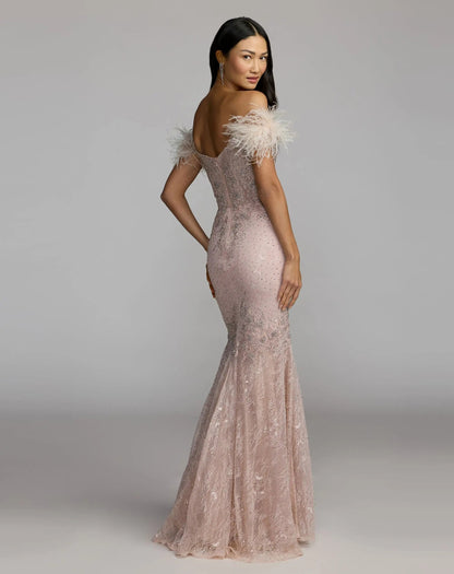 Pink Off The Shoulder Embellished Lace Feather Trim Gown