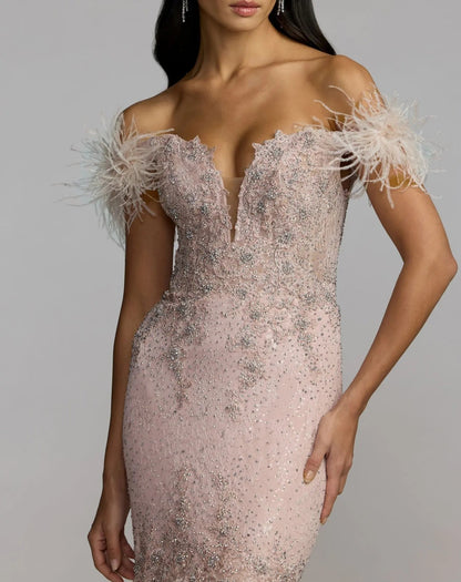 Pink Off The Shoulder Embellished Lace Feather Trim Gown