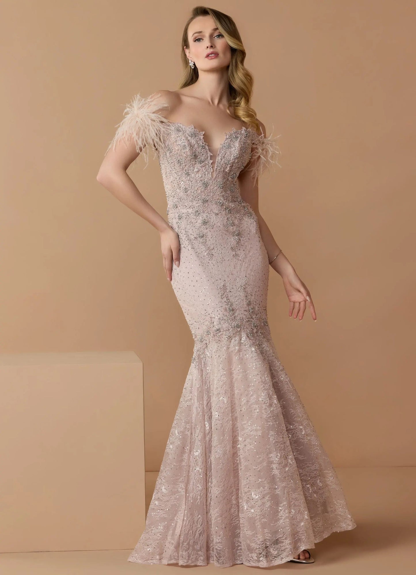 Pink Off The Shoulder Embellished Lace Feather Trim Gown