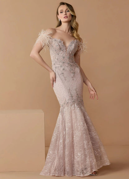 Pink Off The Shoulder Embellished Lace Feather Trim Gown