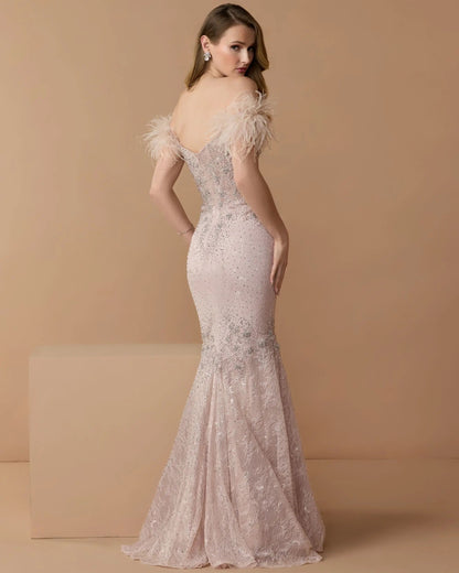 Pink Off The Shoulder Embellished Lace Feather Trim Gown