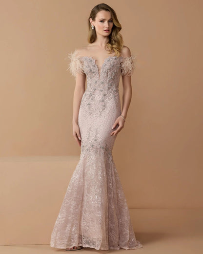 Pink Off The Shoulder Embellished Lace Feather Trim Gown
