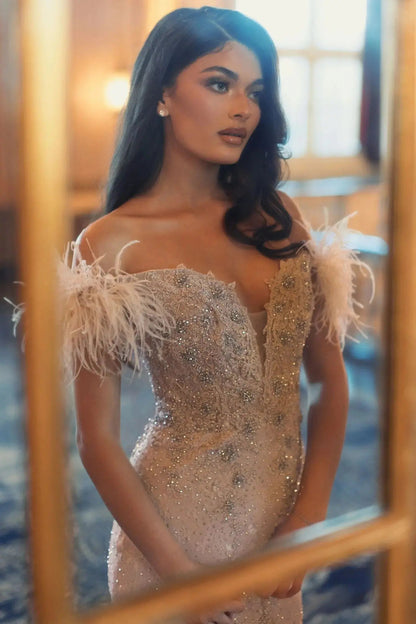 Pink Off The Shoulder Embellished Lace Feather Trim Gown