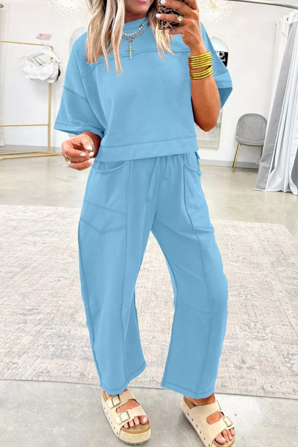 Hazel Blues® |  Drop Shoulder Boxy Tee and Barrel Pants Set
