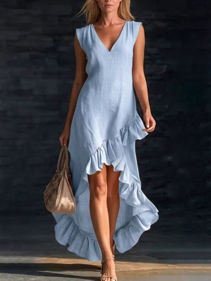 Hazel Blues® |  Sleeveless V-Neck Ruffle Hem High-Low Dress