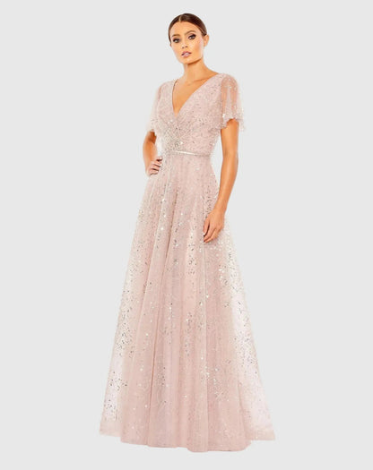 Pink Embellished Butterfly Sleeve Wrap Over Gown