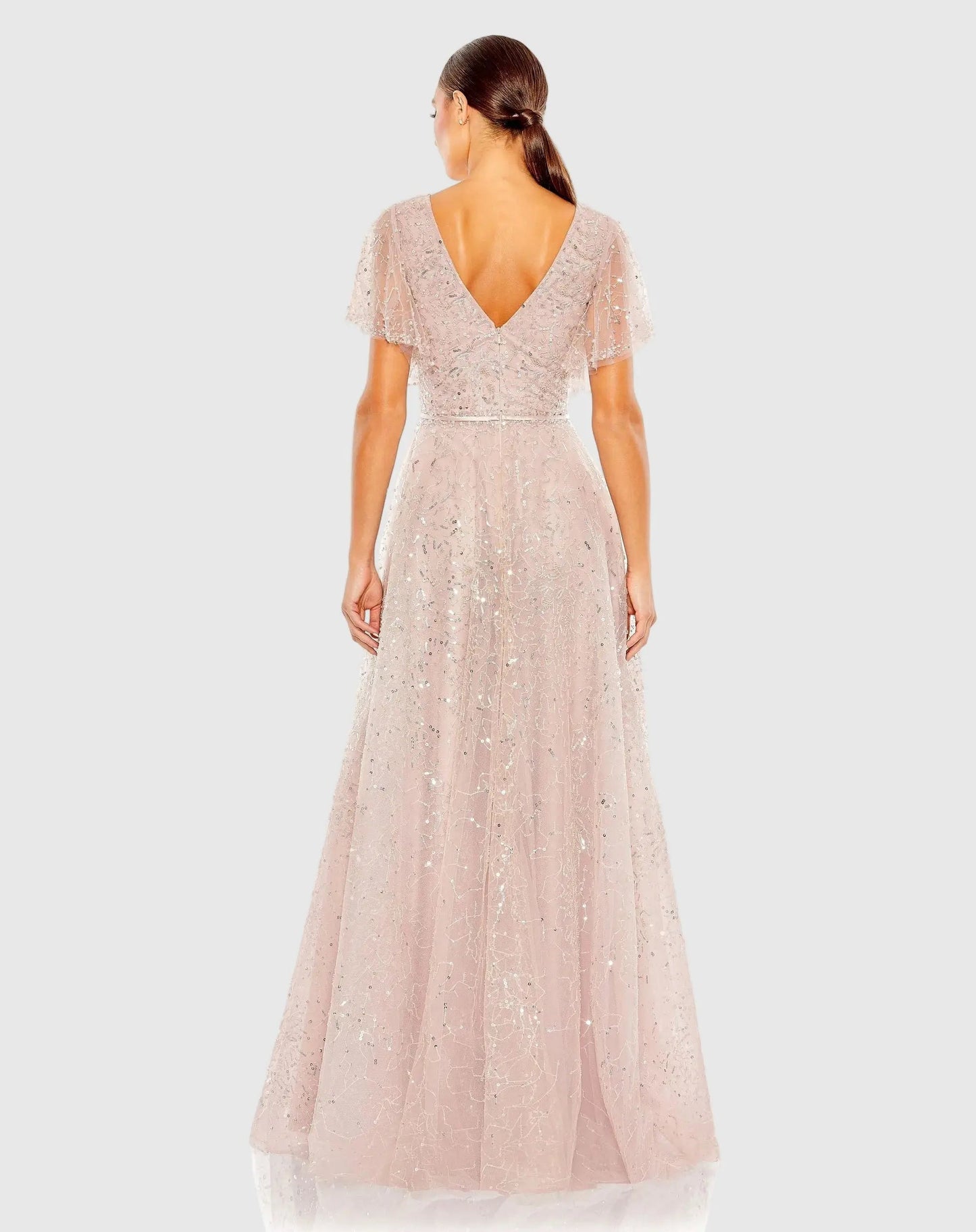 Pink Embellished Butterfly Sleeve Wrap Over Gown