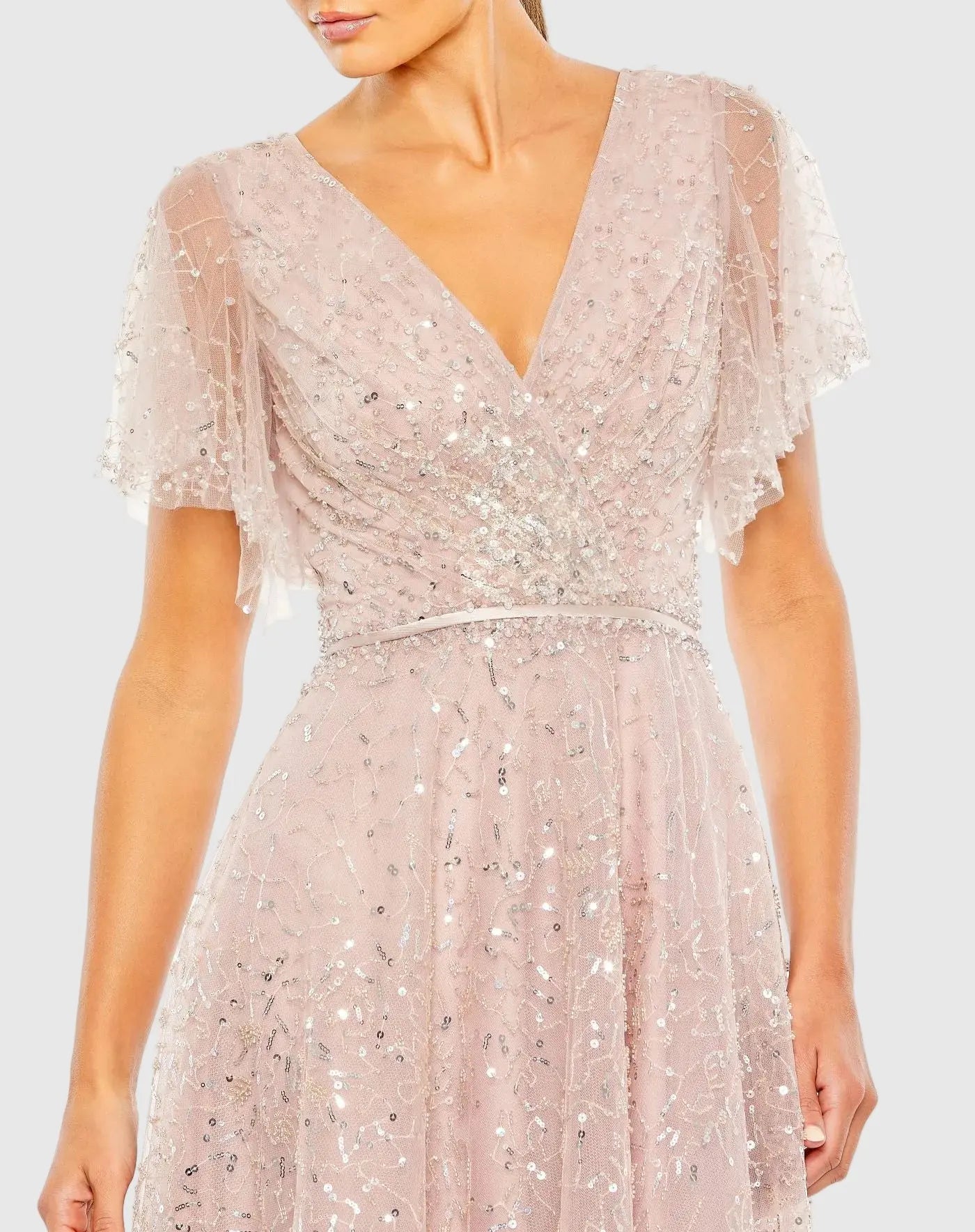 Pink Embellished Butterfly Sleeve Wrap Over Gown