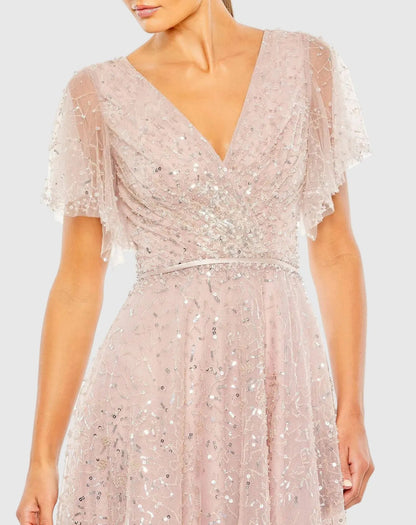 Pink Embellished Butterfly Sleeve Wrap Over Gown