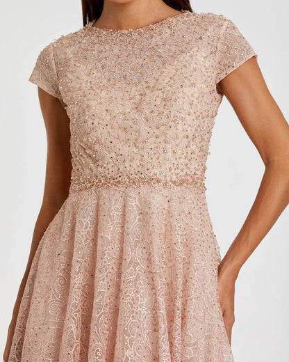 Pink Embellished Cap Sleeve A Line Dress