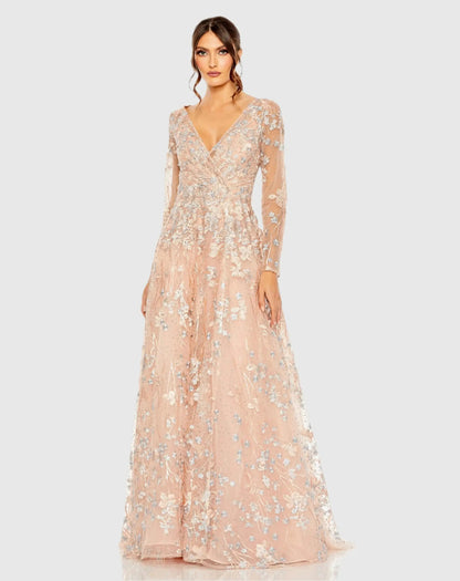 Pink Embroidered Lace Wrap Over Illusion Long Sleeve A Line Gown