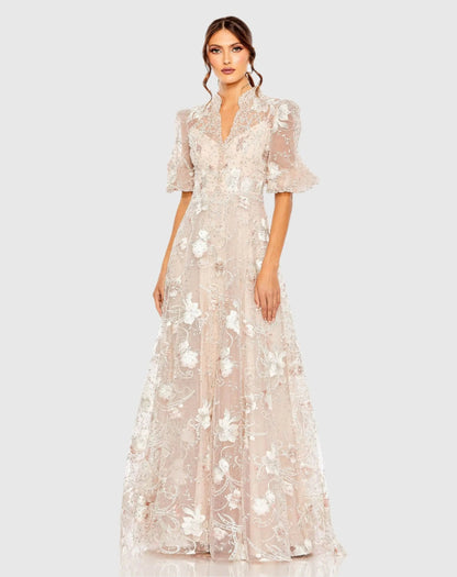 Pink Queen Anne Puff Sleeve Embroidered A-Line Gown