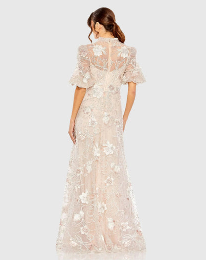 Pink Queen Anne Puff Sleeve Embroidered A-Line Gown