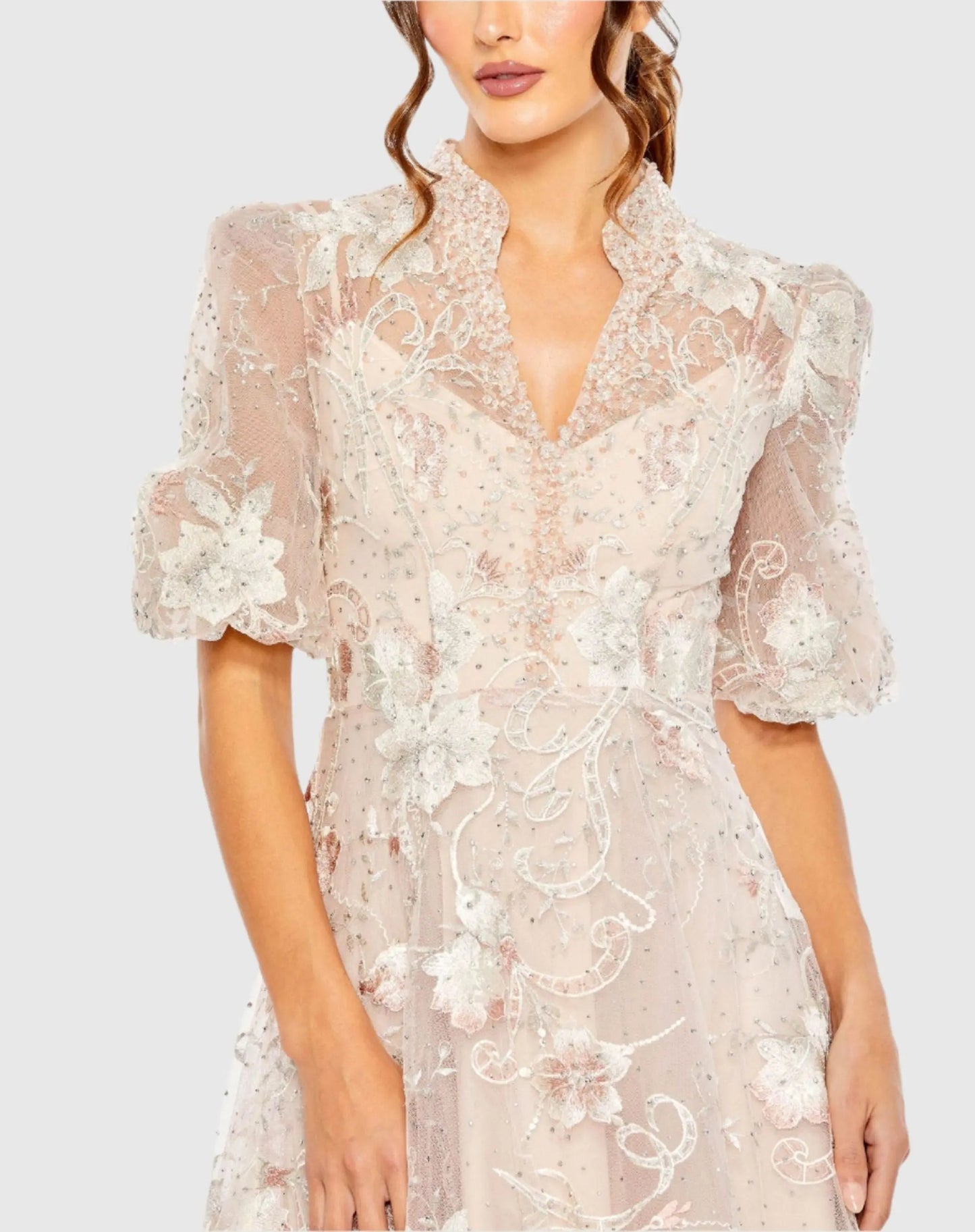 Pink Queen Anne Puff Sleeve Embroidered A-Line Gown