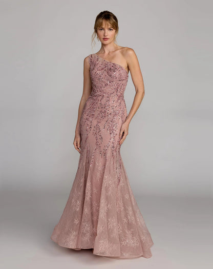 Pink Embellished Lace One Shoulder Mermaid Gown