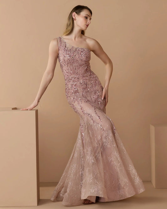 Pink Embellished Lace One Shoulder Mermaid Gown