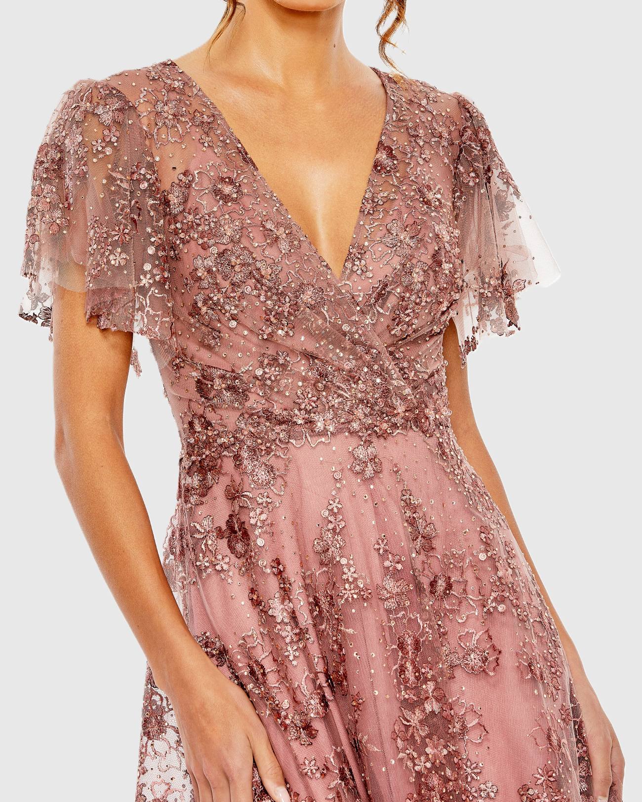 Pink Embroidered Flutter Sleeve A Line Dress