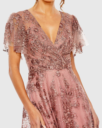 Pink Embroidered Flutter Sleeve A Line Dress