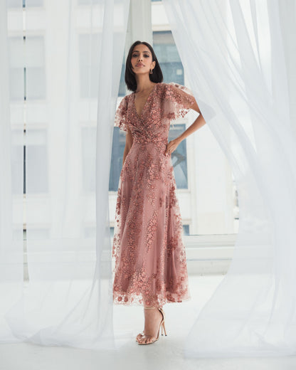 Pink Embroidered Flutter Sleeve A Line Dress