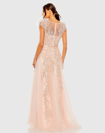 Pink High Neck Feather Detail Beaded Gown