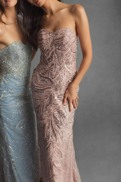 Pink Beaded Sequin Strapless Trumpet Gown