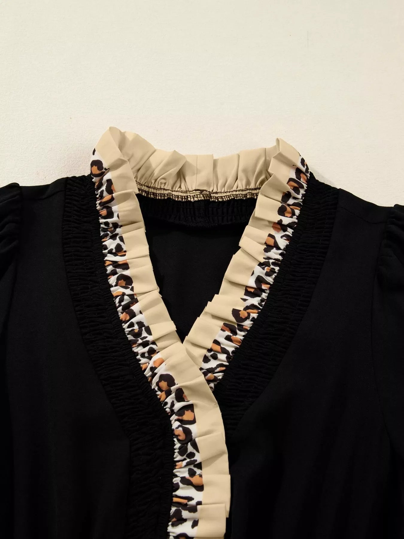 Hazel Blues® |  Contrast Leopard Frilled Trim V Neck Bracelet Sleeve Midi Dress