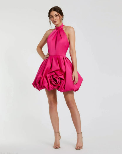 Pink Satin Bubble Hem Backless Mini Dress