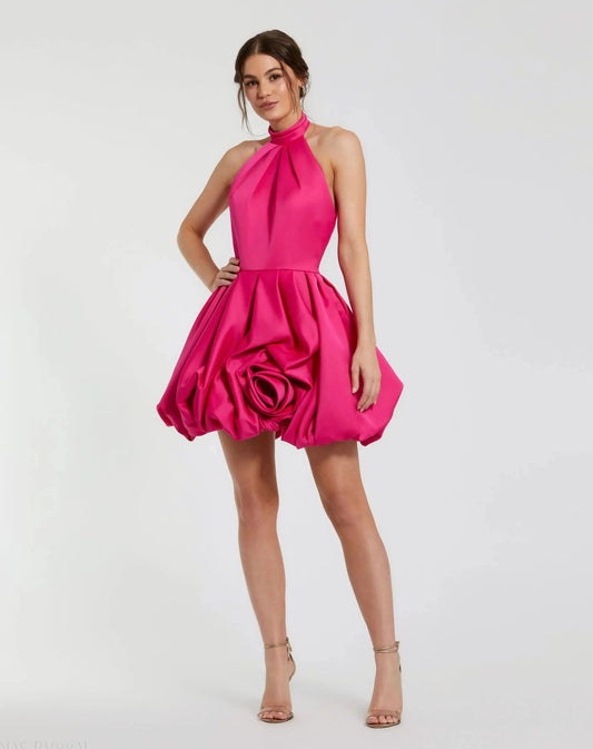 Pink Satin Bubble Hem Backless Mini Dress