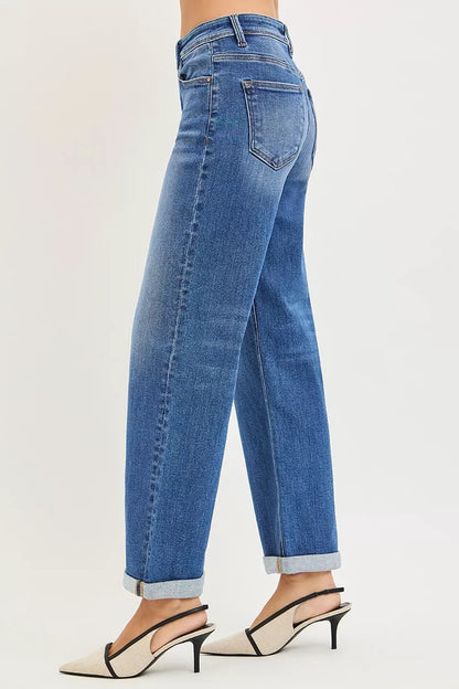 Hazel Blues® | RISEN High Rise Relaxed Fit Ankle Straight Cuff Jeans