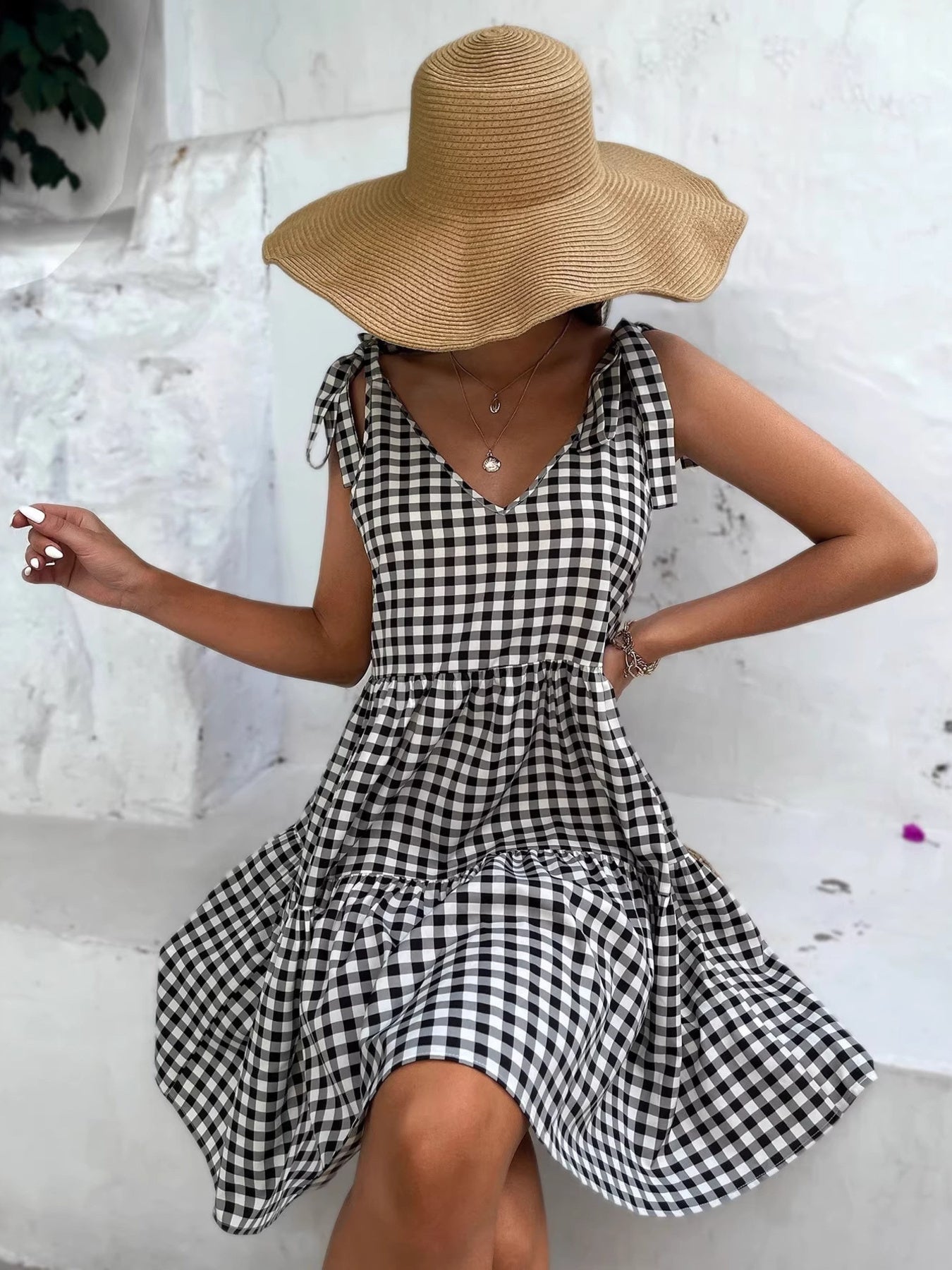 Hazel Blues® |  Gingham Tie-Shoulder Tiered Mini Dress